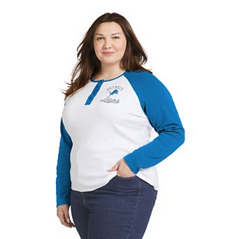 Women's WEAR by Erin Andrews White/Blue Detroit Lions Plus Size Henley Long Sleeve Raglan T-Shirt