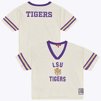 Women's Mitchell & Ness Cream LSU Tigers Retro Roots Crop Boxy Yoke T-Shirt