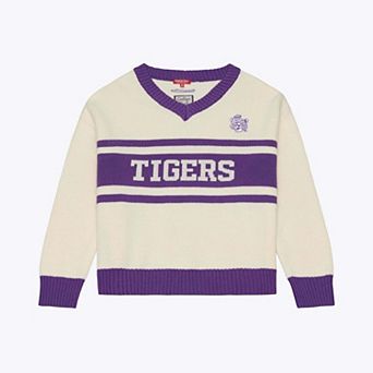 Women's Mitchell & Ness Cream LSU Tigers Retro Roots V-Neck Sweater