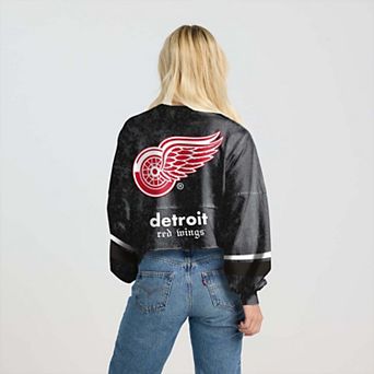 Women's Fanatics Black Detroit Red Wings Mineral Wash Oversized Long Sleeve Jersey T-Shirt