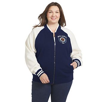 Women's WEAR by Erin Andrews Navy/White Chicago Bears Throwback Plus Size Fleece Varsity Full-Zip Jacket