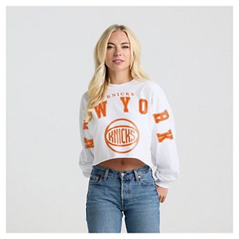 Women's Fanatics White New York Knicks Spirit Jersey Cropped Crew Neck Sweatshirt