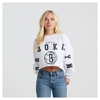 Women's Fanatics White Brooklyn Nets Spirit Jersey Cropped Crew Neck Sweatshirt