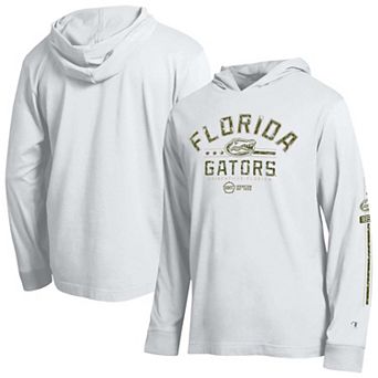 Men's Champion White Florida Gators Operation Hat Trick Sleeve Line Hooded Long Sleeve T-Shirt