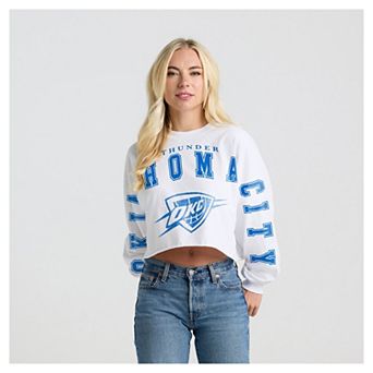 Women's Fanatics White Oklahoma City Thunder Spirit Jersey Cropped Crew Neck Sweatshirt