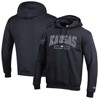 Men's Champion Black Kansas Jayhawks Operation Hat Trick Camo Script Powerblend Fleece Hoodie