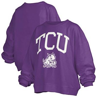 Women's Pressbox Purple TCU Horned Frogs Oversized Janise Arch Over Logo Fleece Sweatshirt