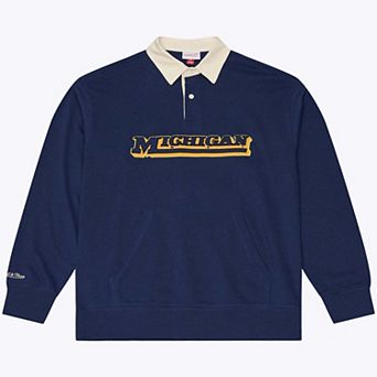 Men's Mitchell & Ness Navy Michigan Wolverines Retro Roots French Terry Fleece Polo