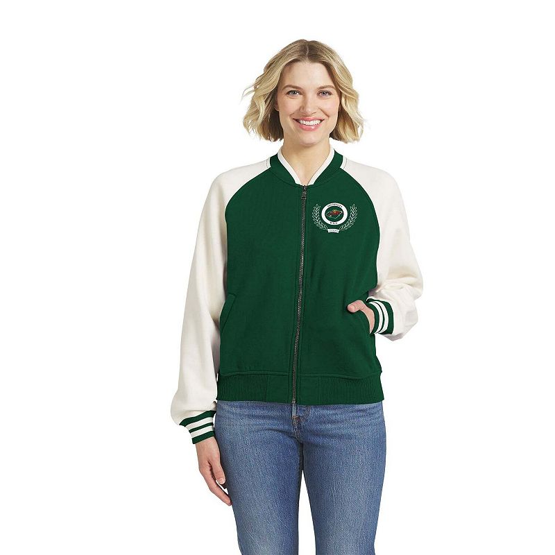 Women's WEAR by Erin Andrews Green/White Minnesota Wild Fleece Varsity Full-Zip Jacket,