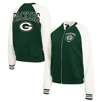 Women's WEAR by Erin Andrews Green/White Green Bay Packers Throwback Plus Size Fleece Varsity Full-Zip Jacket