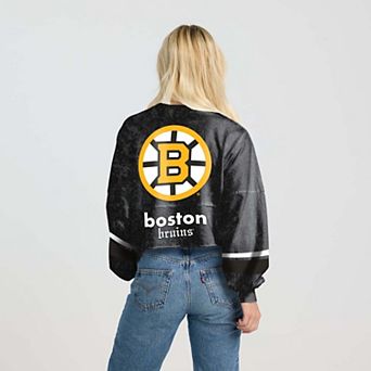 Women's Fanatics Black Boston Bruins Mineral Wash Oversized Long Sleeve Jersey T-Shirt