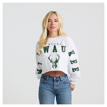 Women's Fanatics White Milwaukee Bucks Spirit Jersey Cropped Crew Neck Sweatshirt