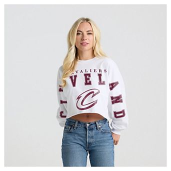 Women's Fanatics White Cleveland Cavaliers Spirit Jersey Cropped Crew Neck Sweatshirt
