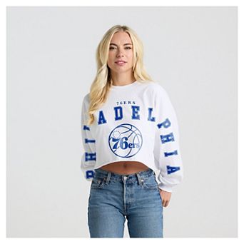 Women's Fanatics White Philadelphia 76ers Spirit Jersey Cropped Crew Neck Sweatshirt