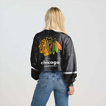 Women's Fanatics Black Chicago Blackhawks Mineral Wash Oversized Long Sleeve Jersey T-Shirt