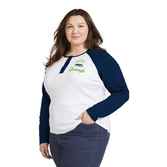 Women's WEAR by Erin Andrews White/College Navy Seattle Seahawks Plus Size Henley Long Sleeve Raglan T-Shirt