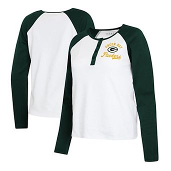 Women's WEAR by Erin Andrews White/Green Green Bay Packers Plus Size Henley Long Sleeve Raglan T-Shirt