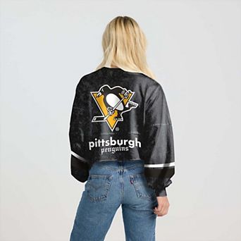 Women's Fanatics Black Pittsburgh Penguins Mineral Wash Oversized Long Sleeve Jersey T-Shirt