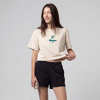 Women's Mitchell & Ness Cream Miami Dolphins Core Essentials Micro Logo Boxy Crop T-Shirt