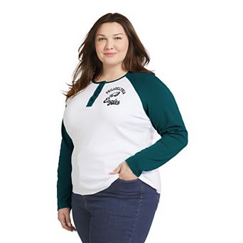 Women's WEAR by Erin Andrews White/Midnight Green Philadelphia Eagles Plus Size Henley Long Sleeve Raglan T-Shirt