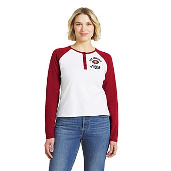 Women's WEAR by Erin Andrews White/Scarlet San Francisco 49ers Henley Long Sleeve Raglan T-Shirt