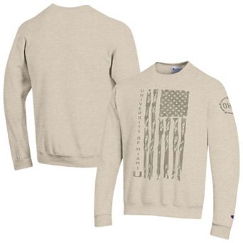 Men's Champion Oatmeal Miami Hurricanes Operation Hat Trick Flag Fleece Crewneck Sweatshirt