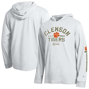 Men's Champion White Clemson Tigers Operation Hat Trick Sleeve Line Hooded Long Sleeve T-Shirt