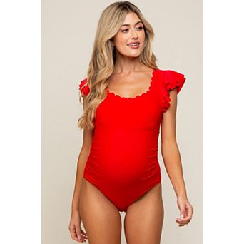 Maternity Scalloped Neck Ruffle Shoulder One-Piece Swimsuit