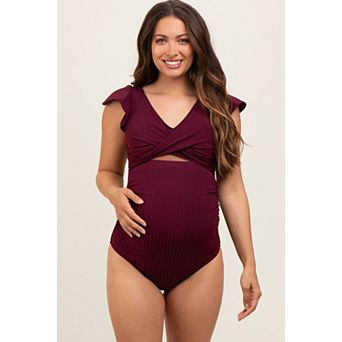 Maternity Ribbed Ruched Cutout Flutter One Piece Maternity Swimsuit
