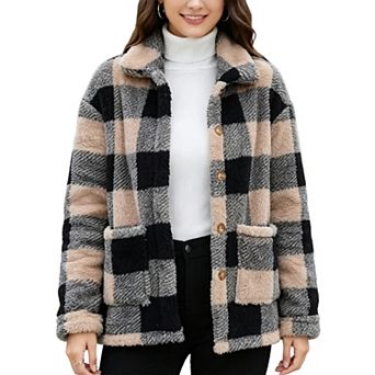 Women Plaid Fleece Shacket Jacket, Lapel Collar Button Down Sherpa Coat with Side Pockets