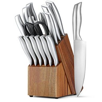 MOEPLSY 15 pc Kitchen Knife Set with Wooden Block and Built-In Sharpener, Ultra Sharp High Carbon