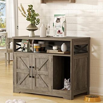 Vabches Cat Litter Box Enclosure with Storage, Rustic Farmhouse Pet Cabinet