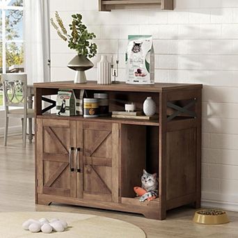 Vabches Cat Litter Box Enclosure with Storage, Rustic Farmhouse Pet Cabinet