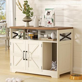 Vabches Cat Litter Box Enclosure with Storage, Rustic Farmhouse Pet Cabinet