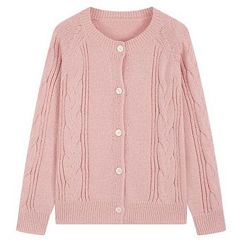 Women Crew Neck Cable Knit Cardigan Long Sleeve Button Front Fitted Sweater