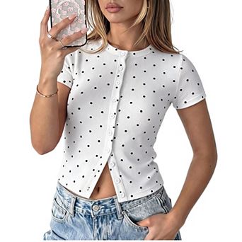 Women Crew Neck Polka Dot Top Short Sleeve Button Front Fitted Ribbed Knit Tee
