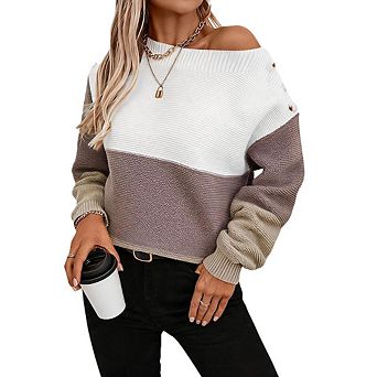 Women Off Shoulder Color Block Sweater Long Sleeve Button Detail Loose Knit Pullover