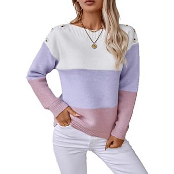 Women Off Shoulder Color Block Sweater Long Sleeve Button Detail Loose Knit Pullover