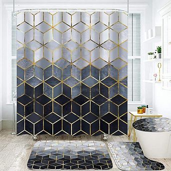 4 pc Geometric Cubic Lines Shower Curtain Set With Mats