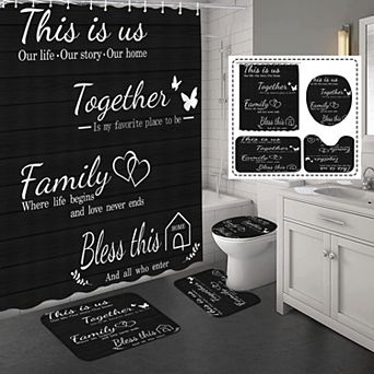 4 pc Shower Curtain Set Bathroom Rugs Toilet Lid Cover Bath Mat Hooks Decor