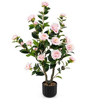 Costway 1 pc 38" Artificial Camellia Tree Faux Floral Plant Fake Tree for Decoration Pink