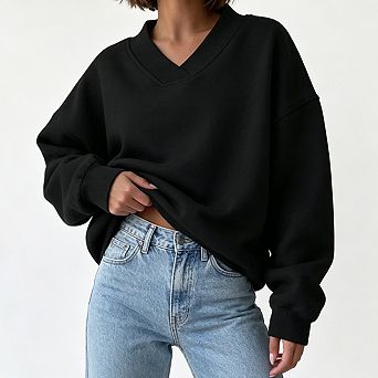 Women V Neck Oversized Sweatshirt Drop Shoulder Long Sleeve Rib Loose Fit Casual Pullover Top