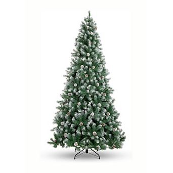 Pre-Lit Snow Flocked Artificial Christmas Tree PVC PE Warm LED Lights Pine Cones Metal Stand