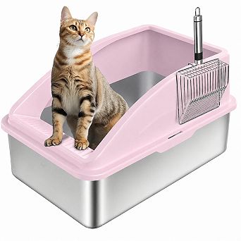 Nicate Stainless Steel Enclosed Cat Litter Box with Lid Mat Scoop Anti Leak High Sided