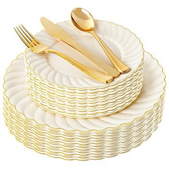125 pc Scalloped Plastic Plates Disposable Dinnerware Set with Silverware for Party Wedding