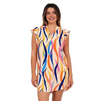 Women's 24Seven Comfort Apparel Abstract V-Neck Round Hem Mini Pocket Dress