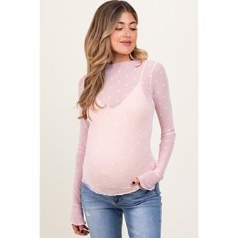 Maternity Pink Mesh Heart High Neck Long Sleeve Top