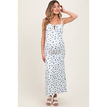 Maternity Ribbed Floral Shoulder Tie Maxi Dress