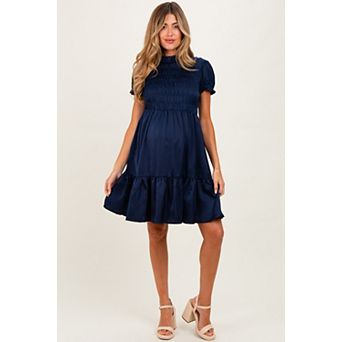 Maternity Satin Smocked Mock Neck Dress
