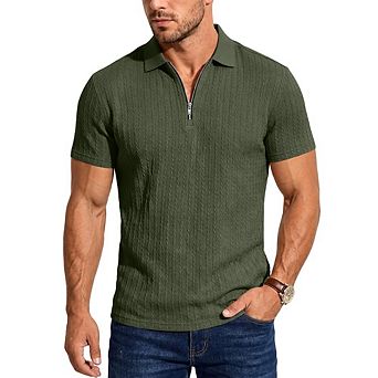 Men's Quarter‑Zip Textured‑Knit Short‑Sleeve Stretch Polo Shirt